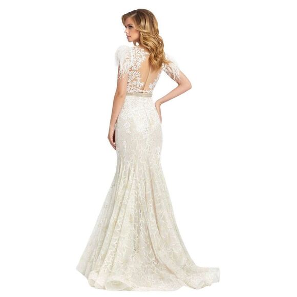 NWOT MAC DUGGAL EMBELLISHED FEATHER CAP SLEEVE ILLUSION NECK TRUMPET GOWN SIZE 4 - Picture 4 of 15